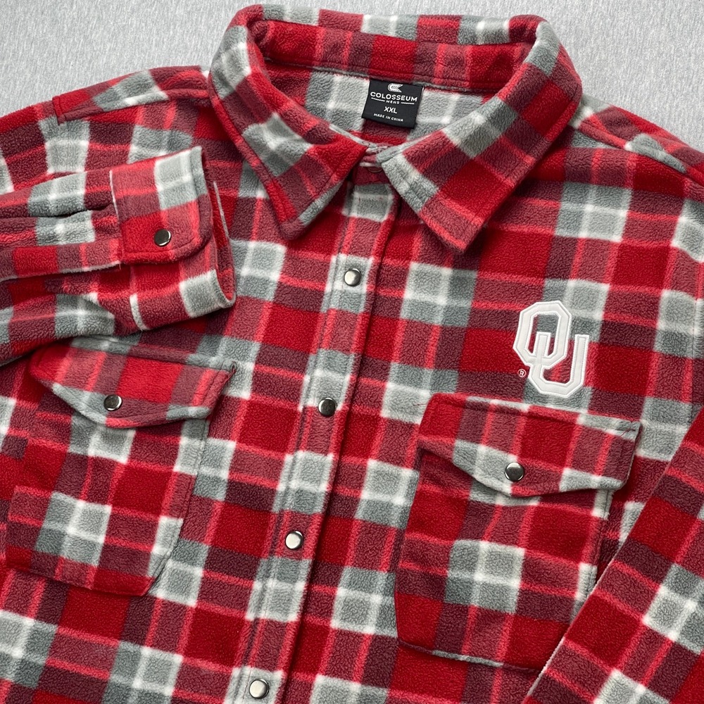 Oklahoma Sooners Plaid Fleece Snap Button Shacket Mens XXL Red Football Coat EUC